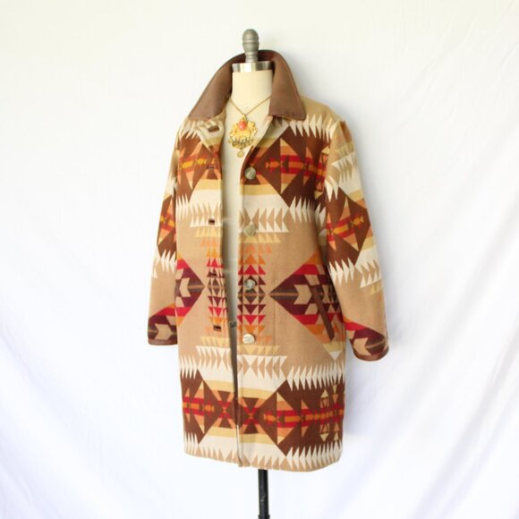 Vintage Pendleton Aztec Navajo Leather Wool blanket ranch car Coat jacket S - Picture 6 of 10